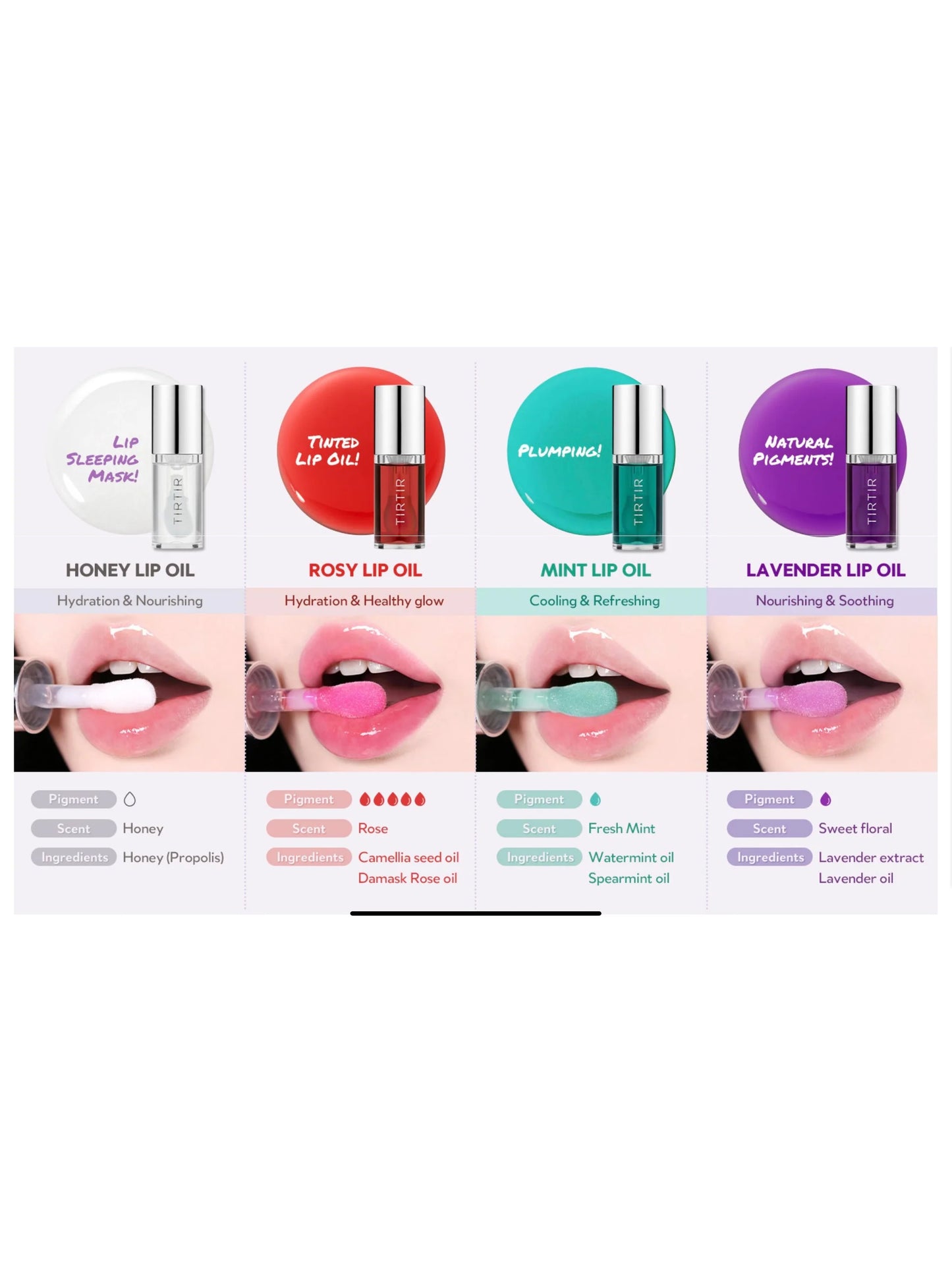 Tirtir My Glow Lip Oil-Mint/Honey/Rosy/Lavender